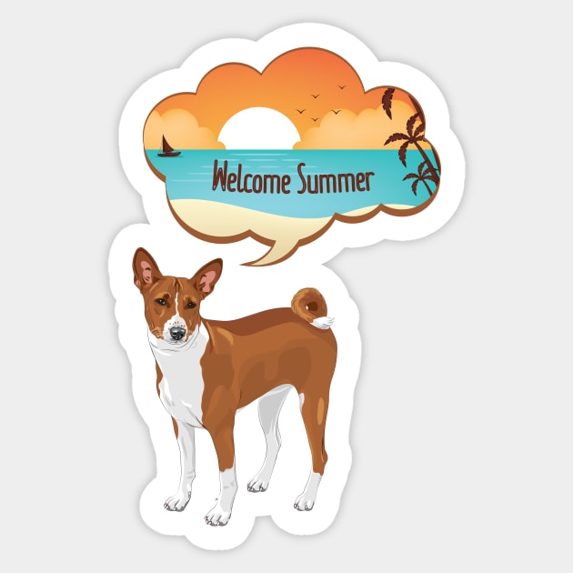 Basenji Dog with Welcome Summer Beach Sunset Bubble Sticker by Seasonal Dogs